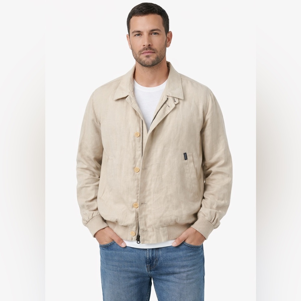 Faconnable 100% Linen Bomber‎ Jacket Taupe Color Full Zip Mens Size Large